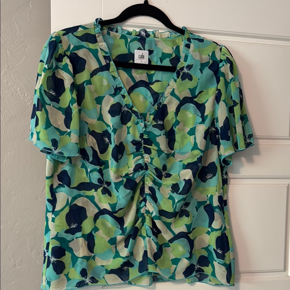 CAbi Green and Blue Ruched Short Sleeve Blouse